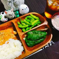 ごはん、冬瓜と春雨の塩スープ、トンテキ、グリル野菜、塩ゆで枝豆|サトリさん