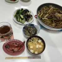 晩御飯☆焼肉野菜炒め☆糠漬け☆揚げなすの煮浸し☆フグの味醂干し☆みそ汁（豆腐、玉葱・ワカメミックス）|Saharaさん