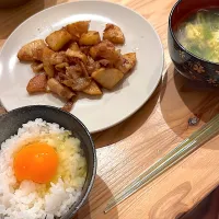 長芋と豚肉のサク照り炒め & 日の出卵の卵かけご飯|ぺろたんさん