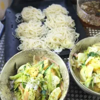 玉ねぎと水菜の卵サラダ＆そうめん|テケテケさん