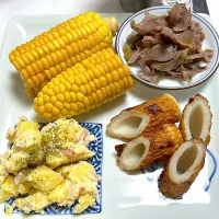 #茹でとうもろこし #いぶりがっこポテサラ #焼きちくわ #酢モツ|トリさん