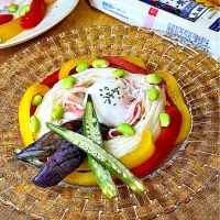 夏野菜の揚げ浸しそうめん&温玉のせ
