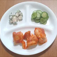 オクラの梅マヨネーズ和え、きゅうりの酢の物、鶏のガーリックケチャップ炒め|ナナさん