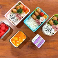 夏休み弁当(からあげ、にんじんしりしり、ウインナー、ブロッコリー、トマト、オレンジ、スイカ、羊羹)|cocomikaさん