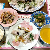 茄子と豚バラの豚しゃぶサラダ　かぼちゃのポタージュ　オクラの胡麻和え　切り干し大根のサラダ|おさむん17さん