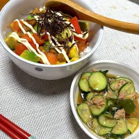 アボカド納豆ネバネバ丼、きゅうりとワカメとツナの酢の物|kaaaaaさん