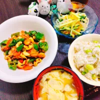 豆ごはん、卵スープ、鶏のカシューナッツ炒め、きゅうりともやしと中華クラゲのサラダ|サトリさん