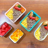 夏休み弁当(2色丼，ソーセージン、からあげ、にんじんしりしり、ブロッコリー、スイカ、オレンジ)|cocomikaさん