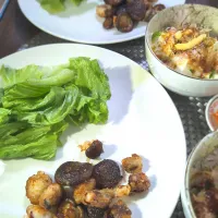 揚げタコとしいたけの生姜醤油炒め＆冷や奴|テケテケさん
