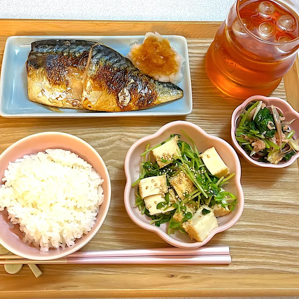 塩鯖焼き＆豆苗と厚揚げの中華和え＆ほうれん草とツナと茗荷の和え物|めいさん