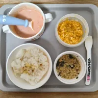 【1歳1ヶ月】🏊️冷製トマトミルクじゃがいもポタージュ・かぼちゃ豆腐・ほうれん草納豆・レバー粉末ご飯|souさん