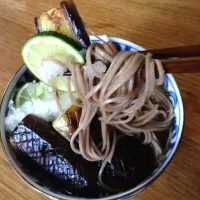 「冷製  ナス酢橘おろし蕎麦」
乾麺を茹で  茄子のうま煮
大根おろし、スダチ、薬味で
冷たい蕎麦de朝ごはん💦| ばくあんしゃさん