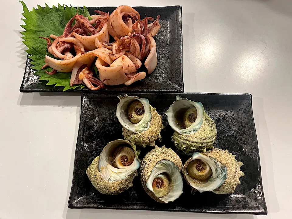 いか塩胡椒焼き、サザエの壺焼き|あいこさん