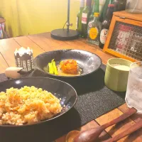 シーフードリゾットとサーモンのステーキ白ワインソース添えとビシソワーズ|KEITAさん