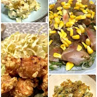 洋食屋さんのポテサラ、鯛の塩昆布日本茶締めオリーブオイルかけ、唐揚げ、アボカドとチーズのパン粉かけ|amiさん
