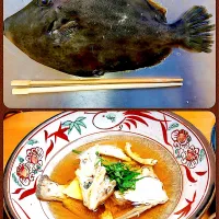 本めんぼ(本カワハギ)のアラは潮汁に 庭のシソを刻んで乗せて
