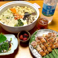 鶏ミンチとエソ(よくかまぼこに使われる白身魚)の2種のふわふわ団子とアルモンダケの鍋🍲 手刺し、手切りのお肉屋さんの焼き鳥を塩焼きで 〆さば お気に入りの糸島炭酸で主人は7年物のブランデービワ酒|🐈⸒⸒⸒⸒つるのダンス🐈🐾さん