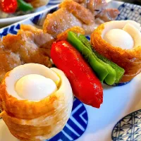 よくあるお惣菜を真似てみた❣️なかなか素朴で美味い串😋と。冷蔵庫に少し残ってた鶏肉を串に刺して焼き鳥風👍|♥ M ♥さん