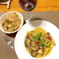 2025/07/27 ウインナーと夏野菜パスタ 宮のタレソース、もやしレタスサラダ|kykyさん