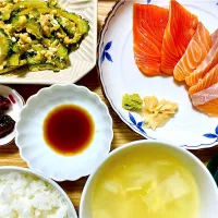 夕飯 お刺身とゴーヤチャンプル