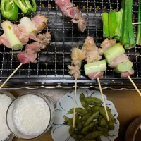 夕食　焼きとり、枝豆🫛ビール🍺|ATさん