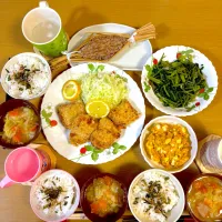 (7/28) 晩ご飯　　　　　　　　　　　　　　　ノンフライヤーで作ったとトンカツ、空芯菜のガーリック炒め、かぼちゃ&卵のサラダ、野菜たっぷりお味噌汁、藁納豆|Kahoさん