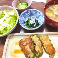 ピーマンバーグ🫑、ほうれん草海苔合え、しめじ、野菜スープ|みーさん