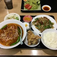 ニラレバー炒め定食(1280円):ニラレバ炒め、台湾ラーメン、鳥の唐揚げ、ご飯、サラダ、香の物、杏仁豆腐(夕飯、台湾料理『祥瑞』)|enarinさん