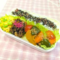 夏野菜炒め、ひじき煮、枝豆とコーンの玉子焼き弁当♥|みちゅあしさん