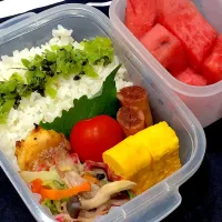 野沢菜漬け、たまご焼き、ウインナー、肉野菜炒め、コーン照り焼き揚げ、ミニトマト、すいか|きらきらさん