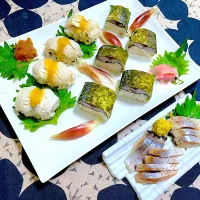 〆鯖棒鮨と鱧寿司、鰊の刺身|ももさん