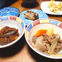 肉じゃが、麻婆なす、タイの塩焼き、ポテサラ(*^_^*)|しーPaPaさん