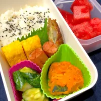 ごま塩ご飯、たまご焼き、ウインナー、ちくわ磯部揚げ、カボチャサラダ、蛇腹きゅうりの甘酢漬け、スイカ|きらきらさん