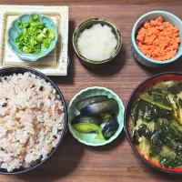 今日の朝ごはん（十六穀ごはんに鮭フレーク、大根おろし、納豆、小松菜と白舞茸とわかめのみそ汁、水なす漬）| Mars＠釜飯作り研究中さん