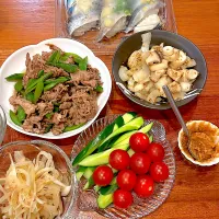 イワシ寿司　ラム野菜炒め　エリンギバター炒め　野菜ディップ|とゆあさん