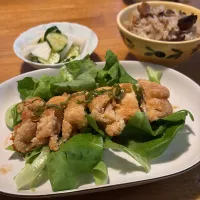 油淋鶏と、まいたけご飯と、きゅうりと大根の浅漬け| もえさん