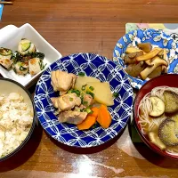 鶏ももと大根のさっぱり煮　茄子の煮麺　エリンギと蒟蒻の甘辛炒め　きゅうりと竹輪の梅しそ和え| おさむん17さん