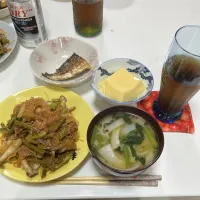 晩御飯☆玉子豆腐☆焼き鯖☆チャプチェ☆みそ汁（玉葱・厚揚げ・ほうれん草）|Saharaさん