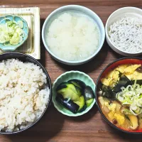 今日の朝ごはん（押麦ごはんに釜揚げしらす、大根おろし、納豆、椎茸と卵とわかめのみそ汁、水なす漬）|Mars＠釜飯作り研究中さん