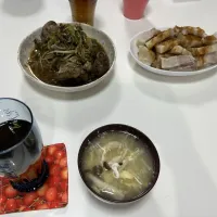 晩御飯☆レバニラ炒め☆塩豚おろし醤油☆かき玉スープ|Saharaさん