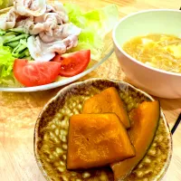 冷しゃぶサラダ、カボチャの煮物、エノキ腸活スープ|もやぴさん