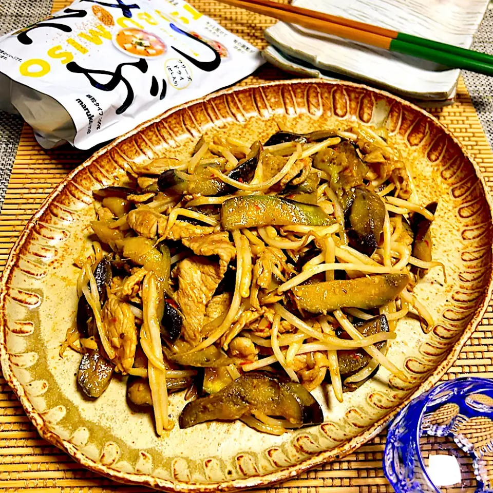 豚肉と茄子のもやしのピリ辛炒め|まめもにおさん