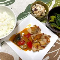 チキン柚子胡椒焼き、ラタトゥイユ、蔓紫のおひたし、豆とツナのサラダ|jackybeanさん