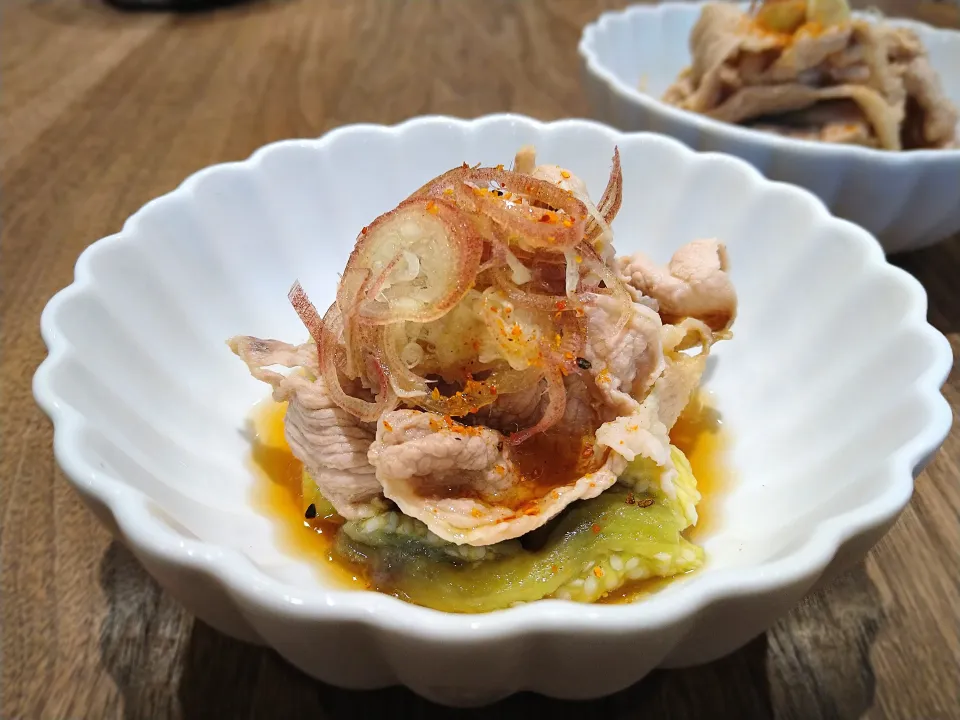 蒸し茄子と豚しゃぶ|古尾谷りかこさん