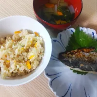土鍋で炊き込みごはん、焼き鯵|ちゃいさん