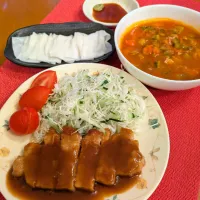 ☆豚ローステキ　☆夏野菜ミネストローネ　☆湯葉さしみコンニャク|chikakoさん