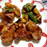 豚ヒレガーリックソテー　　　　　　　　　　　タコじゃがソテー　　　　　　　　　　　　　　　　　　茄子とピーマンの味噌豆板醤炒め|eiyadeさん