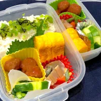 野沢菜漬け、たまご焼き、ミートボール、根菜煮、はぐら瓜の浅漬け| きらきらさん