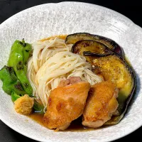 絹川茄子と鶏ももの冷やし素麺