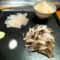 （釣）アラカブの炙り刺　シロギスのゆずポン酢　アコウ刺|さくたろうさん